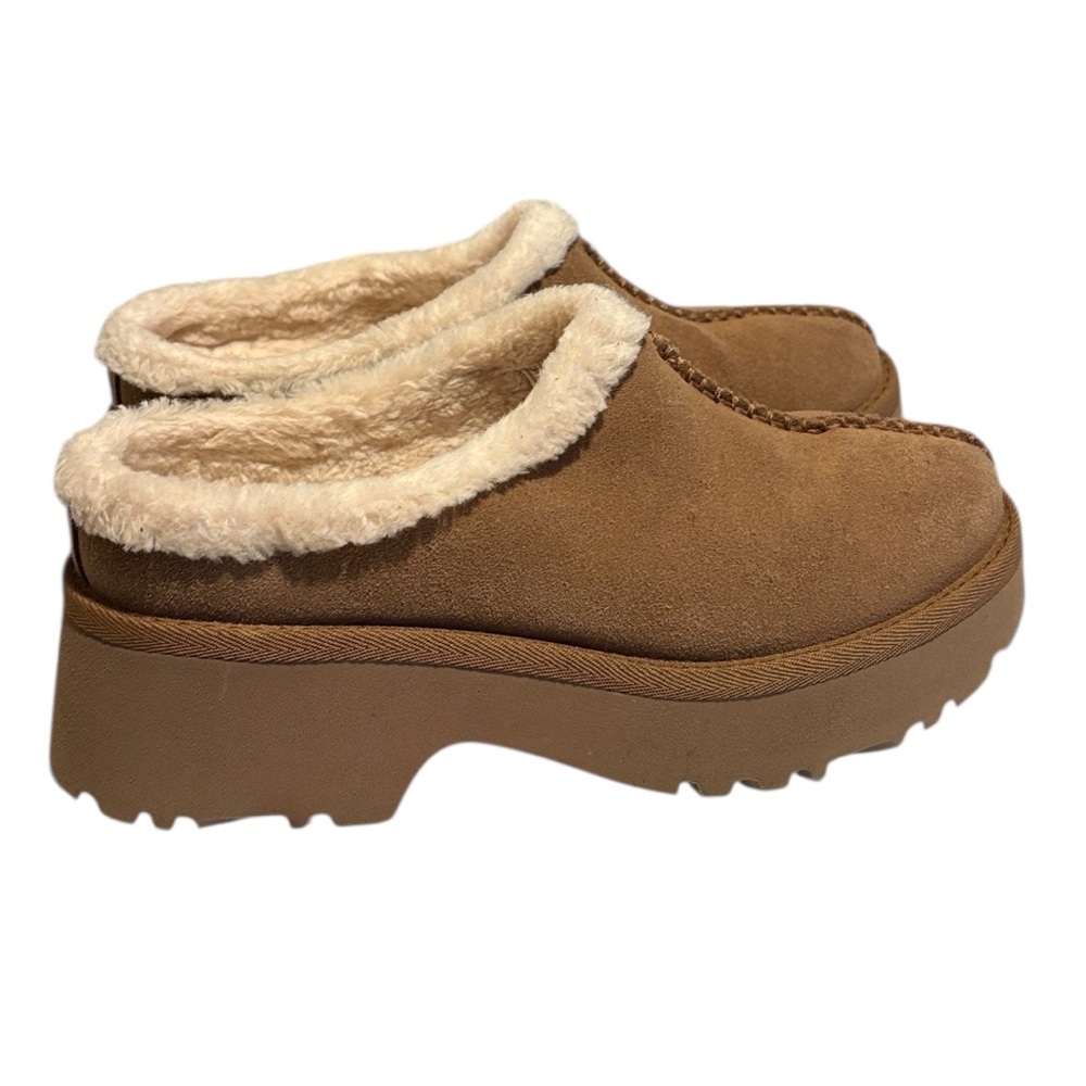 UGG Tan Suede Mules with Plush Cream Trim